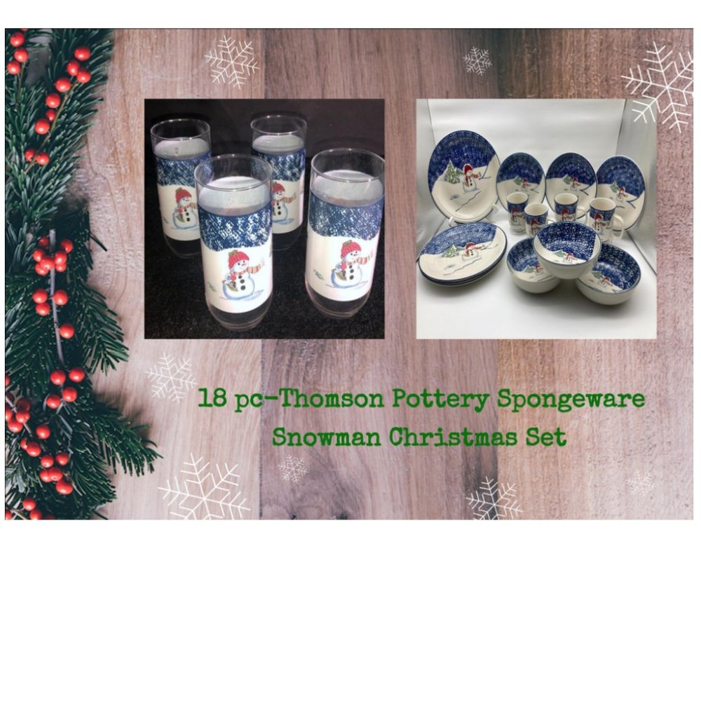 VTG 18 pcs Thomson Pottery Snowman Christmas Spongeware Dinnerware & Drinkware